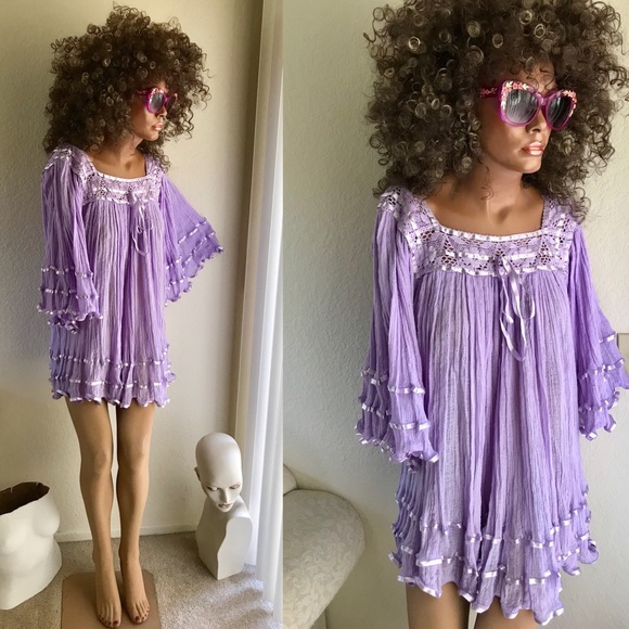 Dresses & Skirts - Fab Mauve Gauze Cotton MEXICAN Accordian DRESS O/S